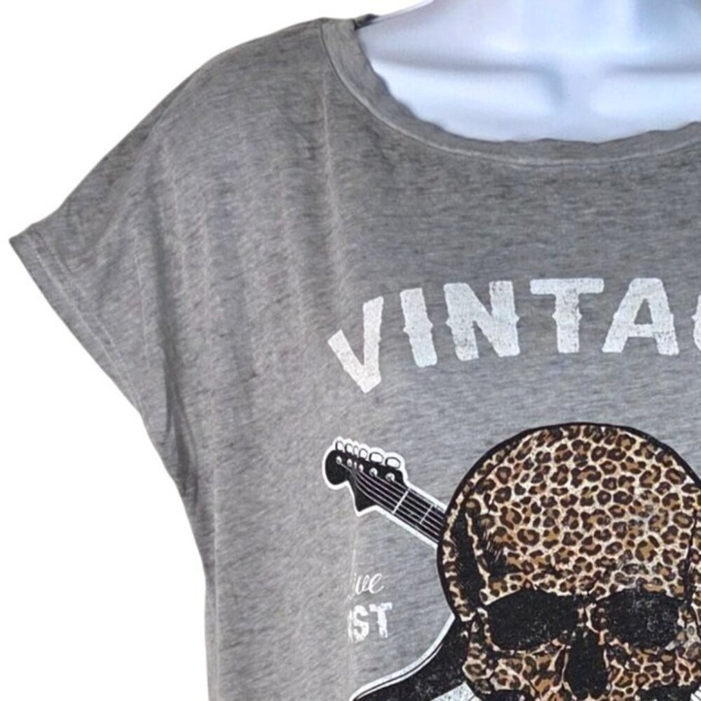Wild Kiss Gray Vintage Rock & Roll Leopard Skull Graphic Tee Lace-Up Side Med - Picture 3 of 7